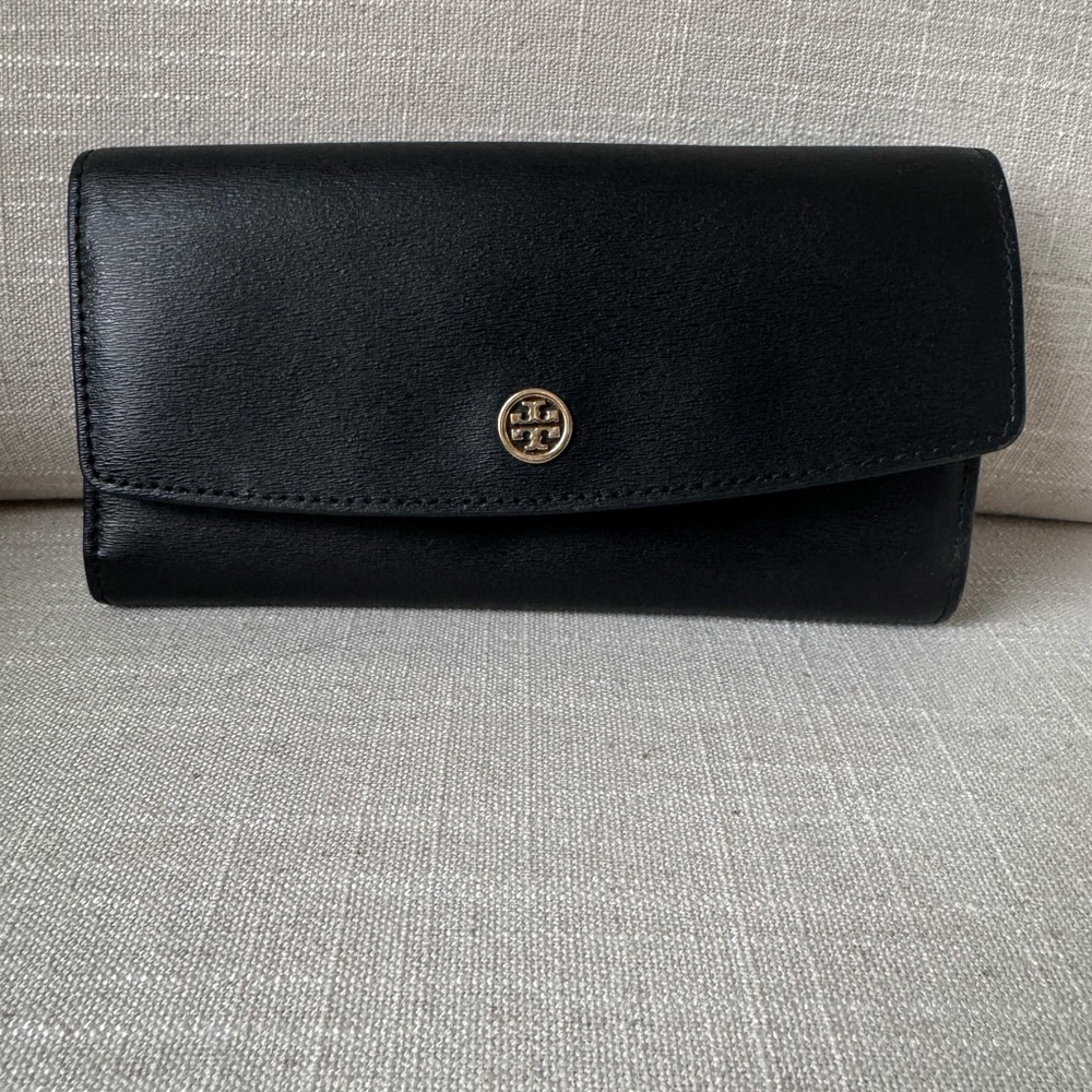 Tory Burch Black Wallet with Gold Emblem